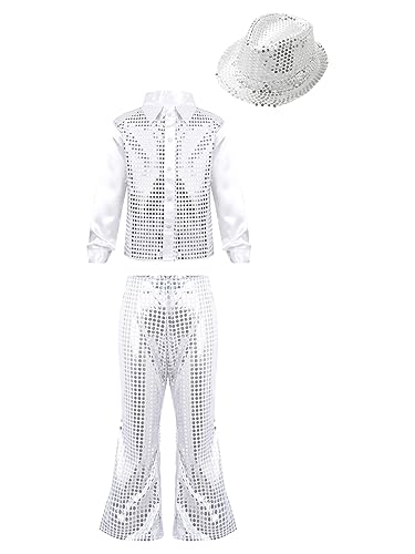 FEESHOW Kinder Pailletten Outfit Glitzer Disco Hemd Pailletten Hose Trilby Hut Krawatte Fliege Karneval Party Outfit Show Popstar Tanzkleidung Silber_A 134-140 von FEESHOW