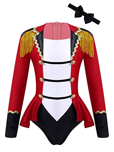 FEESHOW Kinder Tanzbody Mädchen Zirkus Zirkusdirektorin Kleidung Langarm Trikot Krawatte Set Halloween Fasching Verkleidung Performance Tanz Outfit Rot 158-164/13-14 Jahre von FEESHOW
