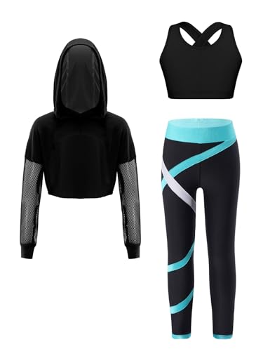 FEESHOW Kinder Trainingsanzug Mädchen Sport BH Und Leggings Set Mit Hoodie Kinder Workout Sport Outfit Jazz Dance Tanzkleidung Hip Hop Kleidung Blaugrün_A 110-116 von FEESHOW