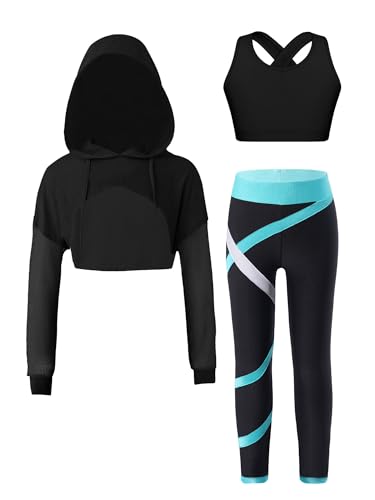 FEESHOW Kinder Trainingsanzug Mädchen Sport BH Und Leggings Set Mit Hoodie Kinder Workout Sport Outfit Jazz Dance Tanzkleidung Hip Hop Kleidung Blaugrün_A 122-128 von FEESHOW