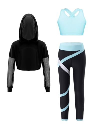 FEESHOW Kinder Trainingsanzug Mädchen Sport BH Und Leggings Set Mit Hoodie Kinder Workout Sport Outfit Jazz Dance Tanzkleidung Hip Hop Kleidung Hellblau_A 122-128 von FEESHOW