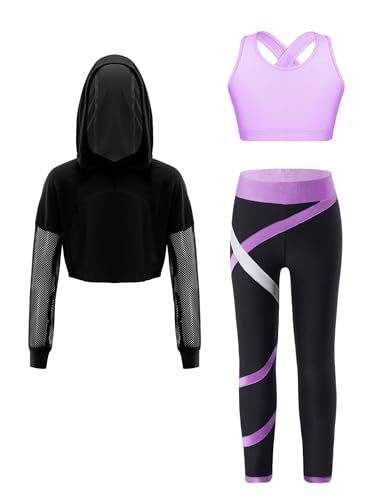 FEESHOW Kinder Trainingsanzug Mädchen Sport BH Und Leggings Set Mit Hoodie Kinder Workout Sport Outfit Jazz Dance Tanzkleidung Hip Hop Kleidung Lavendel_A 122-128 von FEESHOW