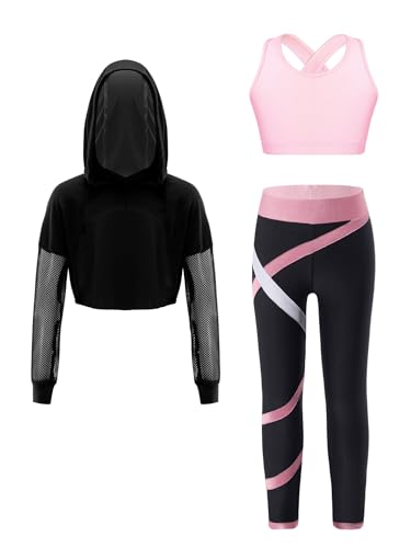 FEESHOW Kinder Trainingsanzug Mädchen Sport BH Und Leggings Set Mit Hoodie Kinder Workout Sport Outfit Jazz Dance Tanzkleidung Hip Hop Kleidung Rosa_A 134-140 von FEESHOW