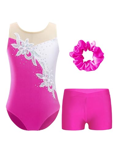 FEESHOW Kinder Turnanzug Mädchen Mit Kurzer Hose Ärmellose Glitzer Pailletten Strass Turntrikot Gymnastik Body Shorts Haargummi Set Rose 98-104 von FEESHOW