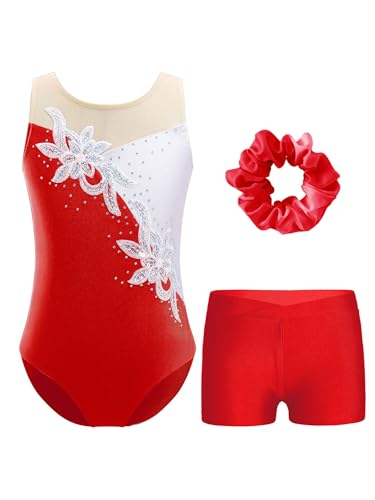 FEESHOW Kinder Turnanzug Mädchen Mit Kurzer Hose Ärmellose Glitzer Pailletten Strass Turntrikot Gymnastik Body Shorts Haargummi Set Rot 110-116 von FEESHOW
