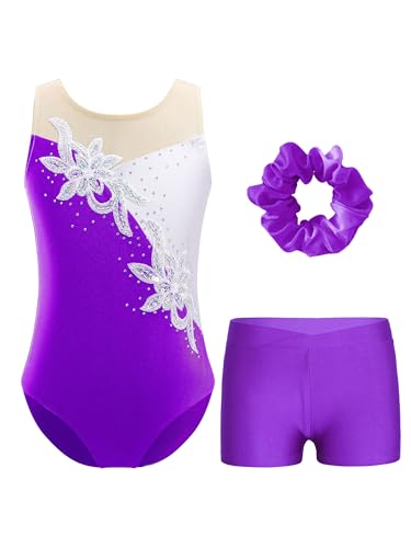 FEESHOW Kinder Turnanzug Mädchen Mit Kurzer Hose Ärmellose Glitzer Pailletten Strass Turntrikot Gymnastik Body Shorts Haargummi Set Violett 110-116 von FEESHOW