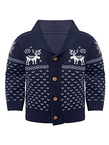 FEESHOW Kleinkinder Baby Mädchen Jungen Baby Weihnachtspullover Deer Pullover Sweatshirt Weiche Strick Winter Jacke Button-Up Cardigan Navy Blau 92-98 von FEESHOW