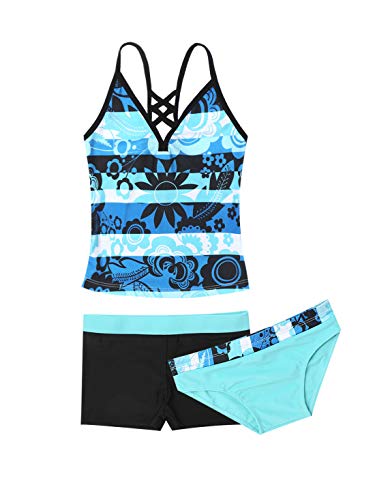 FEESHOW Mädchen 3tlg. Badeanzug Tank Top+Bikinislip+Shorts mit Spaghetti Träger Bademode Badebekleidung Blau 170-176 von FEESHOW