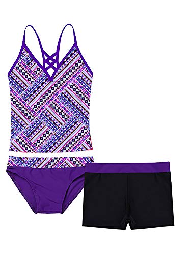 FEESHOW Mädchen 3tlg. Badeanzug Tank Top+Bikinislip+Shorts mit Spaghetti Träger Bademode Badebekleidung Lila ethnisches Muster 158-164 von FEESHOW