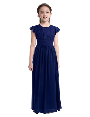 FEESHOW Mädchen Kleid Festlich Chiffon Kleid Prinzessin Kleid A-Linie Kinder Partykleid Ballkleid Hochzeit Festival Abend Kleider Maxi Dunkelblau 140 von FEESHOW