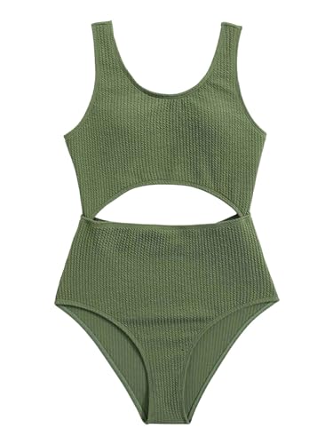 FEESHOW Mädchen Badeanzug Einteiliger Ausgeschnitten Bademode Gerippter Bikini Kinder Schwimmkleidung Strandkleidung Grün_A 158-164 von FEESHOW