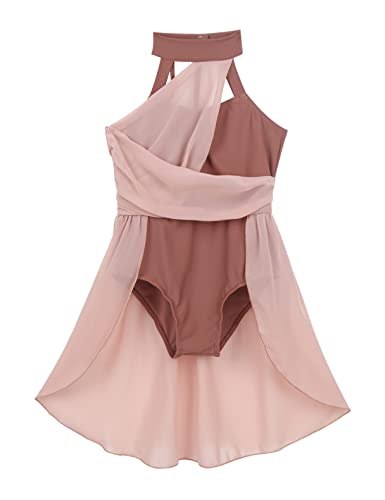 FEESHOW Mädchen Ballettkleid Ärmelloses Lyrisches Tanzkleid Ballett Leotard Body mit Wickelrock Tanzanzug Turnanzug Moderne Dancewear Altrosa 152/12 Jahre von FEESHOW