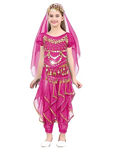 FEESHOW Mädchen Bauchtanz Kleidung Ägypten Indien Tanzkleidung Set Pailletten Top Hose Kopftuch Armband Münzgürtel Fasching Karneval Outfit Hotpink_B 110-122 von FEESHOW