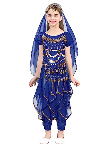 FEESHOW Mädchen Bauchtanz Kleidung Ägypten Indien Tanzkleidung Set Pailletten Top Hose Kopftuch Armband Münzgürtel Fasching Karneval Outfit Königsblau_B 134-152 von FEESHOW