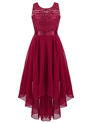 FEESHOW Mädchen Blumenmädchen Kleid Festlich Hochzeit Spitze Prinzessin Kleid Hi-Lo Rock Ärmellos Partykleid Abendkleid Festzug Gr. 104-176 Burgundy 110-116/5-6 Jahre von FEESHOW