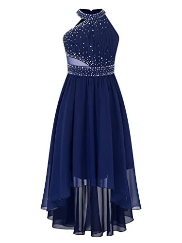 FEESHOW Mädchen Blumenmädchen Kleider Kinder Elegant Abendkleider Chiffon Prinzessin Kleid Maxikleid Hochzeit Festzug Marineblau_E 146-152 von FEESHOW