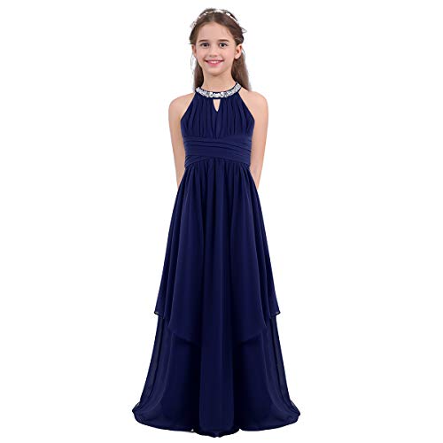 FEESHOW Mädchen Blumenmädchen Kleider Kinder Elegant Abendkleider Chiffon Prinzessin Kleid Maxikleid Hochzeit Festzug Navy blau 140 von FEESHOW