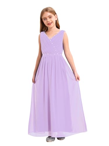 FEESHOW Mädchen Blumenmädchen Kleider Lang Festlich ärmellos Prinzessin Kleid A-Linie Hochzeit Partykleid Festzug Abendkleid Gr 98-176 Lavendel 122-128 von FEESHOW