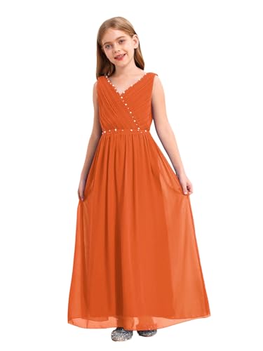 FEESHOW Mädchen Blumenmädchen Kleider Lang Festlich ärmellos Prinzessin Kleid A-Linie Hochzeit Partykleid Festzug Abendkleid Gr 98-176 Orange 146-152/11-12 Jahre von FEESHOW