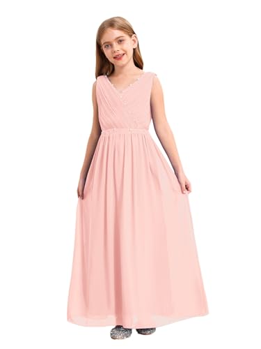 FEESHOW Mädchen Blumenmädchen Kleider Lang Festlich ärmellos Prinzessin Kleid A-Linie Hochzeit Partykleid Festzug Abendkleid Gr 98-176 Rosa 158-164/13-14 Jahre von FEESHOW