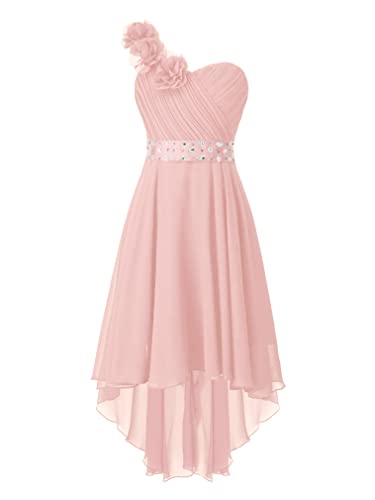 FEESHOW Mädchen Blumenmädchenkleider EIN-Schulter Blumen Prinzessin Kleid Hi-Lo Rock Mit Strass Festlich Hochzeit Festzug Partykleid A-Linie Rosa 134-140/9-10 Jahre von FEESHOW