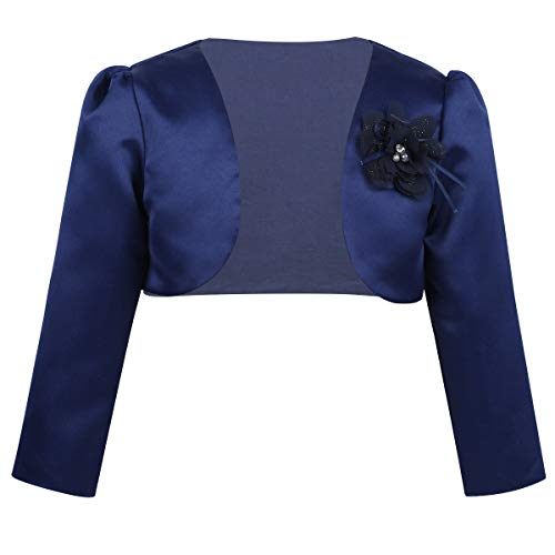 FEESHOW Mädchen Bolero Festlich Langarm Satin Schulterjacke Mit Blumen Zum Taufe Kommunionkleid Navy 134-140 von FEESHOW