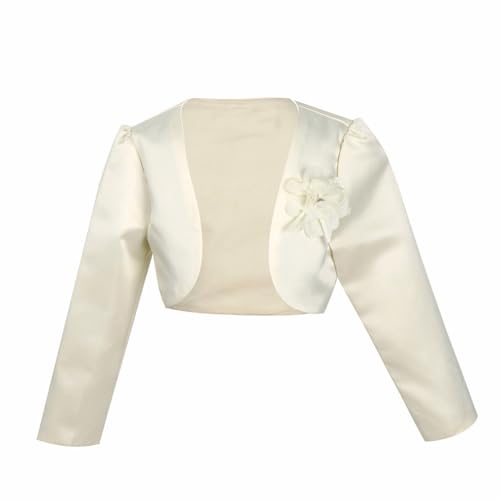 FEESHOW Mädchen Bolero Festlich Langarm Satin Schulterjacke Mit Blumen Zum Taufe Kommunionkleid Beige 110-116 von FEESHOW