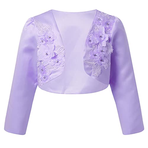 FEESHOW Mädchen Bolero Festlich Langarm Satin Schulterjacke Mit Blumen Zum Taufe Kommunionkleid Lavender_F 134-140/9-10 Jahre von FEESHOW