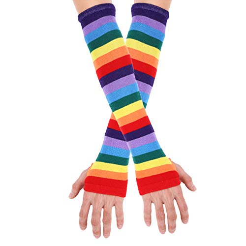 FEESHOW Mädchen Damen Regenbogen Strümpfe Retro Streifen Fingerlose Handschuhe für Fasching Weihnachten Party Handschuhe_Bunt One Size von FEESHOW