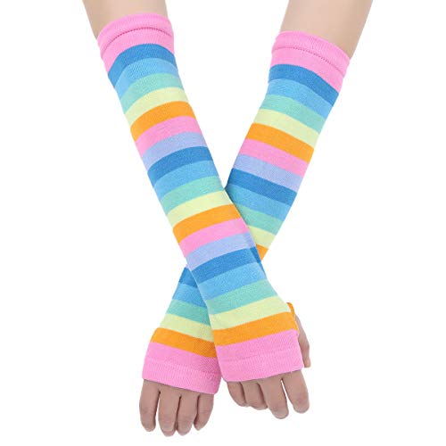 FEESHOW Mädchen Damen Regenbogen Strümpfe Retro Streifen Fingerlose Handschuhe für Fasching Weihnachten Party Handschuhe_Rosa One Size von FEESHOW