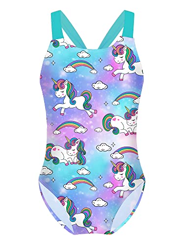 FEESHOW Mädchen Einteiliger Badeanzug Meerjungfrau Pferde Druck Schwimmanzug mit Träger Sommer Urlaub Strandkleidung Swimsuit Aquarell 146-152/11-12 Jahre von FEESHOW