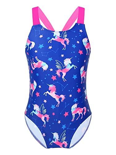 FEESHOW Mädchen Einteiliger Badeanzug Meerjungfrau Pferde Druck Schwimmanzug mit Träger Sommer Urlaub Strandkleidung Swimsuit Saphir 158-164/13-14 Jahre von FEESHOW