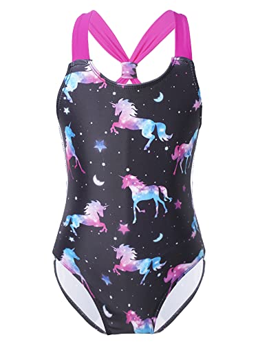 FEESHOW Mädchen Einteiliger Badeanzug Meerjungfrau Pferde Druck Schwimmanzug mit Träger Sommer Urlaub Strandkleidung Swimsuit Schwarz 110-116/5-6 Jahre von FEESHOW