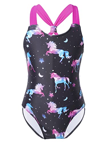 FEESHOW Mädchen Einteiliger Badeanzug Meerjungfrau Pferde Druck Schwimmanzug mit Träger Sommer Urlaub Strandkleidung Swimsuit Schwarz 122-128/7-8 Jahre von FEESHOW