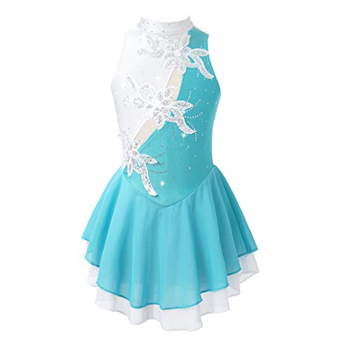 FEESHOW Mädchen Eiskunstlauf Kleid Neckholder Pailletten Blumen Eislaufen Kleid Tanz Trikot Kinder Glänzende Rollschuhlaufen Tanzkleidung Blaugrün&Weiß 146-152/11-12 Jahre von FEESHOW