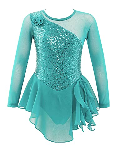 FEESHOW Mädchen Eiskunstlauf Kleid Pailletten Kinder Ballettanzug Gymnastik Trikot mit Tütü Rock Latein Tanzkostüme Wettkampf Skating Wear Minzgrün B 116/6 Jahre von FEESHOW