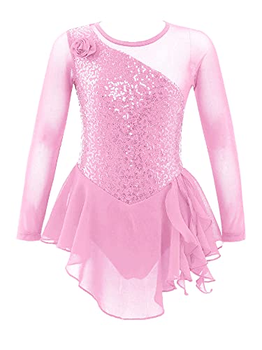 FEESHOW Mädchen Eiskunstlauf Kleid Pailletten Kinder Ballettanzug Gymnastik Trikot mit Tütü Rock Latein Tanzkostüme Wettkampf Skating Wear Rosa B 140/10 Jahre von FEESHOW