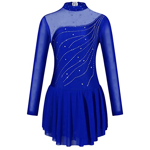 FEESHOW Mädchen Eiskunstlauf Kleid Trikot Langarm Glitzer Strass Tanzkleid Rückenfrei Kinder Gymnastik Tanzkleidung Ballettkleidung Gr. 110-176 Königsblau 170-176/15-16 Jahre von FEESHOW