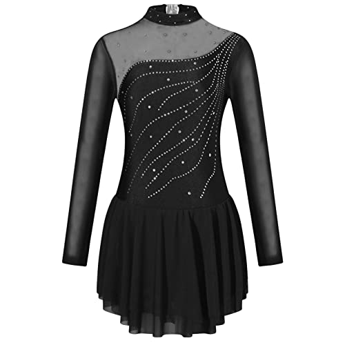 FEESHOW Mädchen Eiskunstlauf Kleid Trikot Langarm Glitzer Strass Tanzkleid Rückenfrei Kinder Gymnastik Tanzkleidung Ballettkleidung Gr. 110-176 Schwarz 170-176/15-16 Jahre von FEESHOW