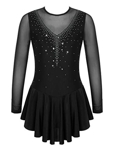 FEESHOW Mädchen Eislaufkleid Glänzender Ballett Tanzkleid Trikot Mit Tutu Rock Für Eiskunstlaufen Wettbewerb Performance Skating Dress Schwarz_I 152/12 Jahre von FEESHOW