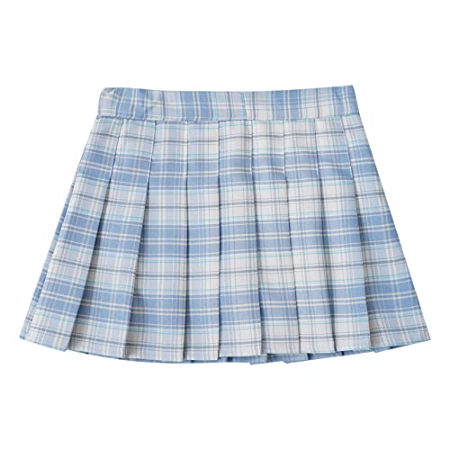 FEESHOW Mädchen Faltenrock Plaid Anime Schulmädchen Rock Karo Skater Sport Schul Röcke A-Linie Matrosenrock Kurz Mit Shorts Himmelblau 122-128/7-8 Jahre von FEESHOW