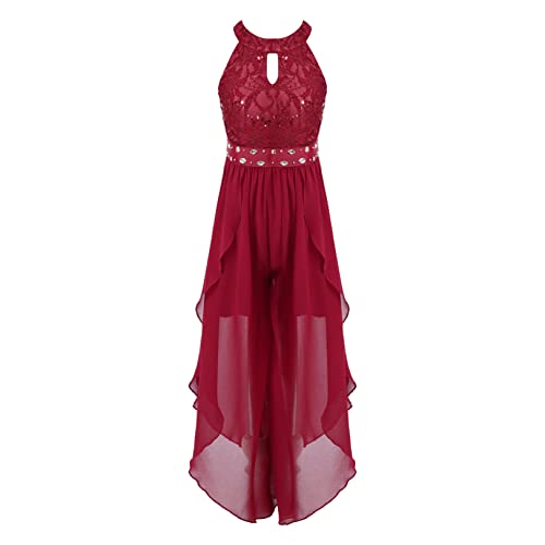 FEESHOW Mädchen Festliche Kleider Giltzer Hochzeit Blumenmädchenkleid Pailletten Kleid Overall Party Abendkleid Cocktailkleid Festzug Geburtstag Burgundy_M 146-152/11-12 Jahre von FEESHOW