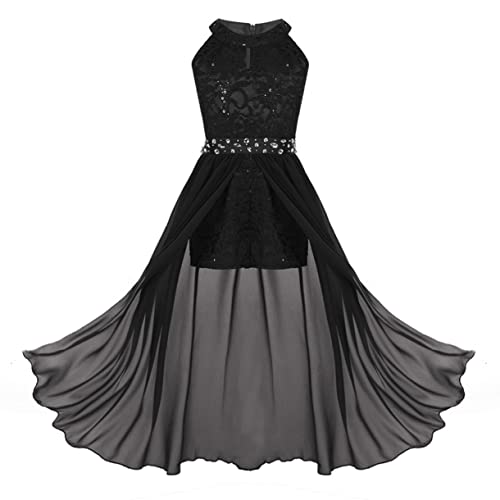 FEESHOW Mädchen Festliche Kleider Giltzer Hochzeit Blumenmädchenkleid Pailletten Kleid Overall Party Abendkleid Cocktailkleid Festzug Geburtstag Schwarz 140 von FEESHOW
