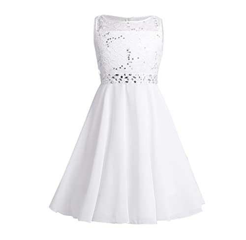 FEESHOW Mädchen Festliche Kleider Spitze Hochzeit Blumenmädchen Kleid Party Abendkleid Prinzessin Kleid Chiffonkleid mit Strass Gürtel Elfenbein 140 von FEESHOW