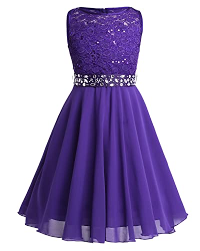 FEESHOW Mädchen Festliche Kleider Spitze Hochzeit Blumenmädchen Kleid Party Abendkleid Prinzessin Kleid Chiffonkleid mit Strass Gürtel Lila 140 von FEESHOW