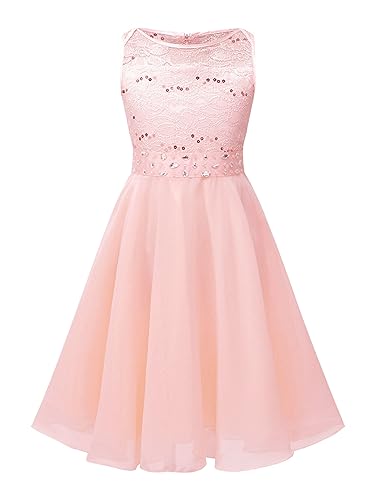 FEESHOW Mädchen Festliche Kleider Spitze Hochzeit Blumenmädchen Kleid Party Abendkleid Prinzessin Kleid Chiffonkleid mit Strass Gürtel Rosa 152 von FEESHOW