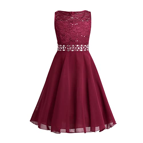 FEESHOW Mädchen Festliche Kleider Spitze Hochzeit Blumenmädchen Kleid Party Abendkleid Prinzessin Kleid Chiffonkleid mit Strass Gürtel Rot 104 von FEESHOW