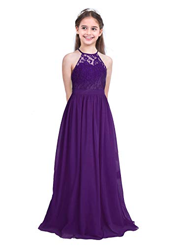 FEESHOW Mädchen Festliches Kleid Blumenmädchenkleid Neckholder Spitzenkleider Maxi für Hochzeit Party Abschluss Gr. 98-176 Lila 176/16 Jahre von FEESHOW