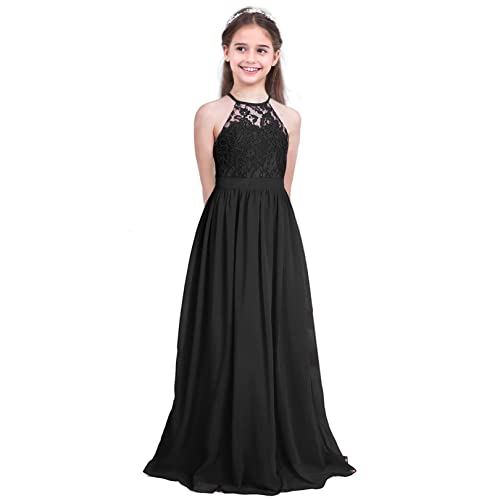 FEESHOW Mädchen Festliches Kleid Blumenmädchenkleid Neckholder Spitzenkleider Maxi für Hochzeit Party Abschluss Gr. 98-176 Schwarz 176/16 Jahre von FEESHOW