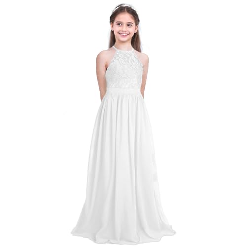 FEESHOW Mädchen Festliches Kleid Blumenmädchenkleid Neckholder Spitzenkleider Maxi für Hochzeit Party Abschluss Gr. 98-176 Weiß 164/14 Jahre von FEESHOW